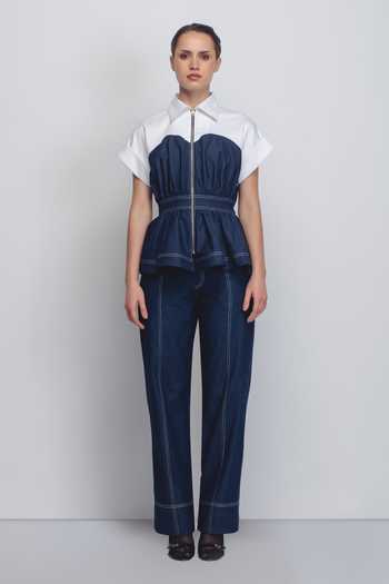 Buy_LEH STUDIOS_Blue Cotton Sweetheart Neck Cup Zipper Top _Online_at_Aza_Fashions