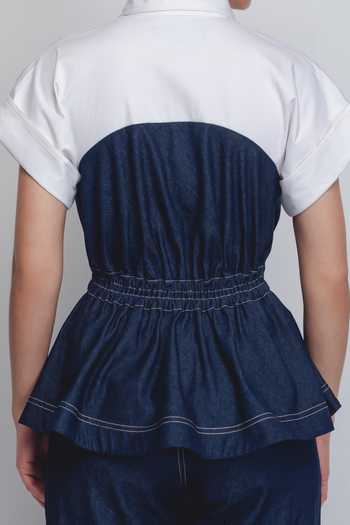 LEH STUDIOS_Blue Cotton Sweetheart Neck Cup Zipper Top _at_Aza_Fashions