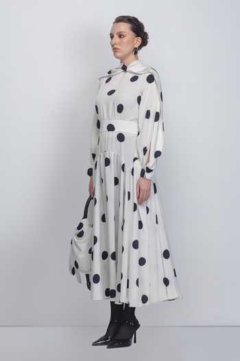 Leh Studios_Black Viscose, Polyester Shawl Neck Amelia Polka Dot Print Dress _Online_at_Aza_Fashions
