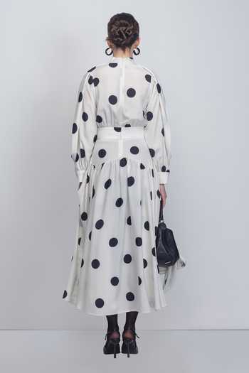 Shop_Leh Studios_Black Viscose, Polyester Shawl Neck Amelia Polka Dot Print Dress _at_Aza_Fashions