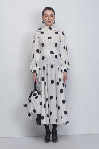 Buy_Leh Studios_Black Viscose, Polyester Shawl Neck Amelia Polka Dot Print Dress _at_Aza_Fashions