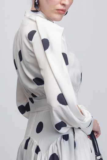 Buy_Leh Studios_Black Viscose, Polyester Shawl Neck Amelia Polka Dot Print Dress _Online_at_Aza_Fashions
