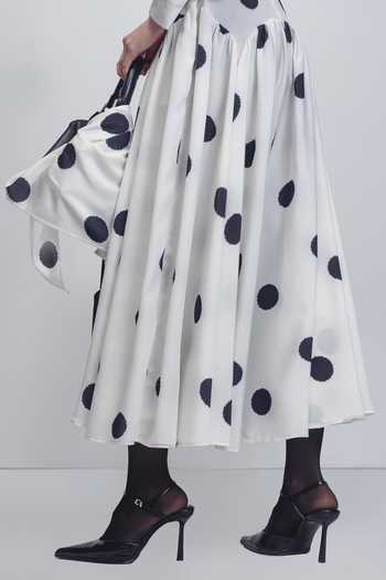 Leh Studios_Black Viscose, Polyester Shawl Neck Amelia Polka Dot Print Dress _at_Aza_Fashions