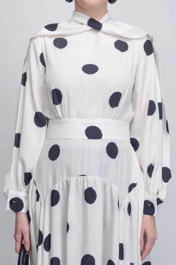 Buy_Leh Studios_Black Viscose, Polyester Shawl Neck Amelia Polka Dot Print Dress 