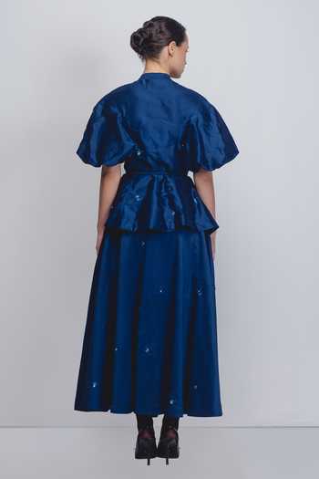 Shop_Leh Studios_Blue Silk, Cotton Embroidery Mandarin Collar Lara Puff Sleeve Top _at_Aza_Fashions