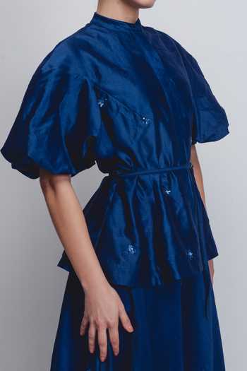 Leh Studios_Blue Silk, Cotton Embroidery Mandarin Collar Lara Puff Sleeve Top _Online_at_Aza_Fashions