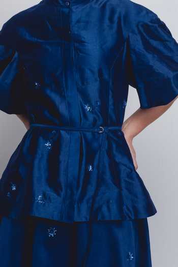 Buy_Leh Studios_Blue Silk, Cotton Embroidery Mandarin Collar Lara Puff Sleeve Top _Online_at_Aza_Fashions