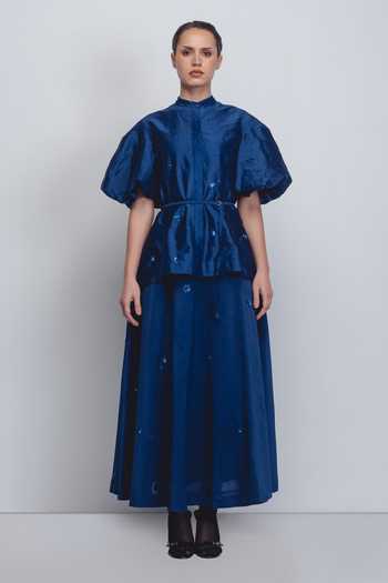 Buy_Leh Studios_Blue Silk, Cotton Embroidery Mandarin Collar Lara Puff Sleeve Top _at_Aza_Fashions