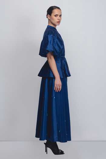 Shop_Leh Studios_Blue Silk, Cotton Embroidery Mandarin Collar Lara Puff Sleeve Top _Online_at_Aza_Fashions