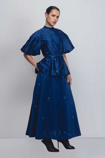 Leh Studios_Blue Silk, Cotton Embroidery Mandarin Collar Lara Puff Sleeve Top _at_Aza_Fashions