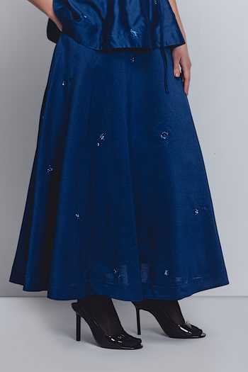 LEH STUDIOS_Blue Silk, Cotton Embroidery, Sequins, Zari Lara Placement Skirt _Online_at_Aza_Fashions