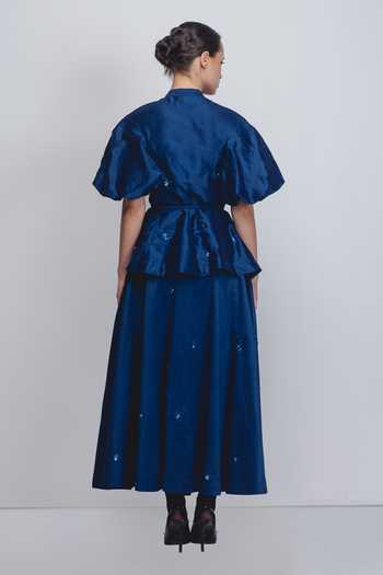 Shop_LEH STUDIOS_Blue Silk, Cotton Embroidery, Sequins, Zari Lara Placement Skirt _at_Aza_Fashions