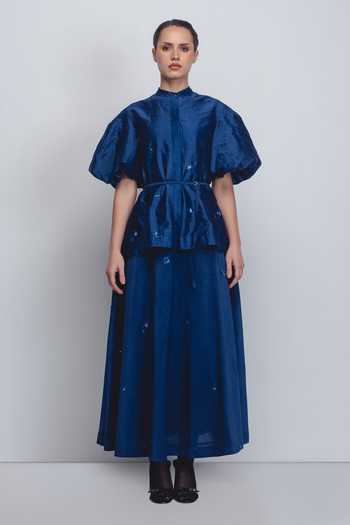 Buy_LEH STUDIOS_Blue Silk, Cotton Embroidery, Sequins, Zari Lara Placement Skirt _Online_at_Aza_Fashions