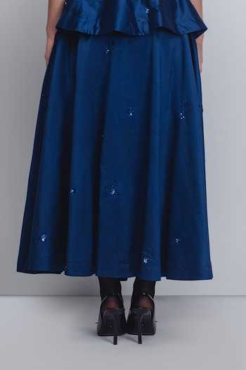 Shop_LEH STUDIOS_Blue Silk, Cotton Embroidery, Sequins, Zari Lara Placement Skirt _Online_at_Aza_Fashions
