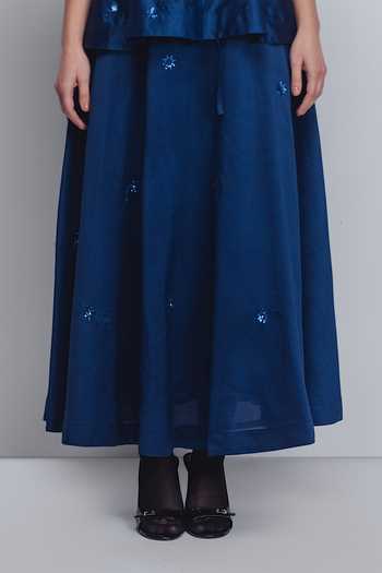 LEH STUDIOS_Blue Silk, Cotton Embroidery, Sequins, Zari Lara Placement Skirt _at_Aza_Fashions