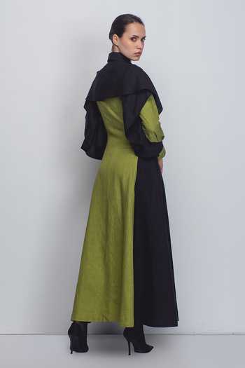 Shop_Leh Studios_Green Linen Collared Strella Colorblock Dress _at_Aza_Fashions