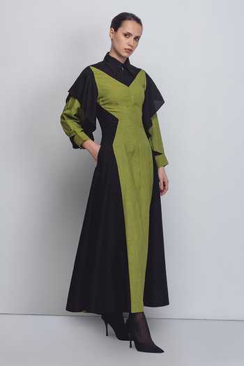 Leh Studios_Green Linen Collared Strella Colorblock Dress _Online_at_Aza_Fashions