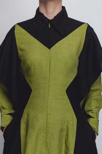 Buy_Leh Studios_Green Linen Collared Strella Colorblock Dress _Online_at_Aza_Fashions