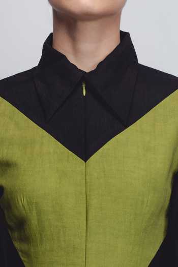 Shop_Leh Studios_Green Linen Collared Strella Colorblock Dress _Online_at_Aza_Fashions