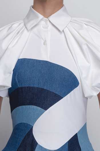 LEH STUDIOS_Blue Cotton Collared Prism Panelled Dress _Online_at_Aza_Fashions