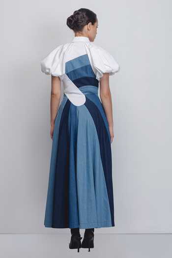 Shop_LEH STUDIOS_Blue Cotton Collared Prism Panelled Dress _at_Aza_Fashions