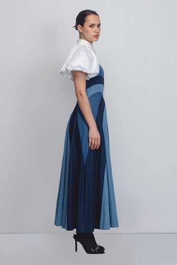 Buy_LEH STUDIOS_Blue Cotton Collared Prism Panelled Dress _Online_at_Aza_Fashions