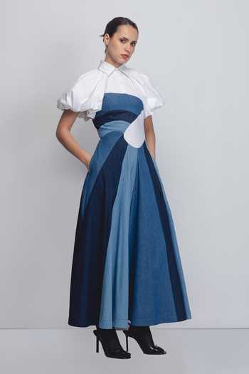 Buy_LEH STUDIOS_Blue Cotton Collared Prism Panelled Dress _at_Aza_Fashions