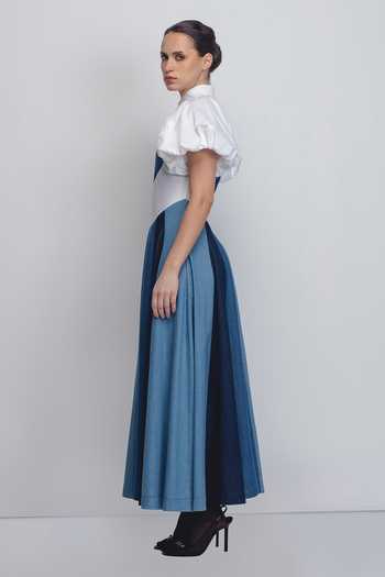 Shop_LEH STUDIOS_Blue Cotton Collared Prism Panelled Dress _Online_at_Aza_Fashions