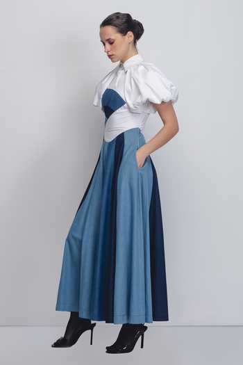 LEH STUDIOS_Blue Cotton Collared Prism Panelled Dress _at_Aza_Fashions