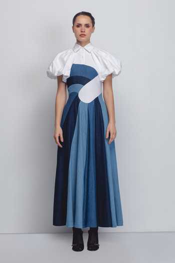 Buy_LEH STUDIOS_Blue Cotton Collared Prism Panelled Dress 