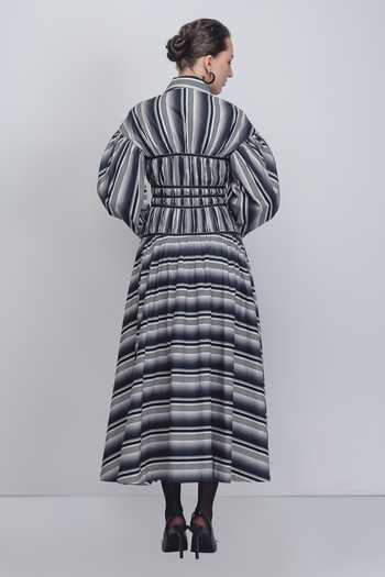 Shop_LEH STUDIOS_Black Cotton Collared Dia Stripe Print Dress _at_Aza_Fashions