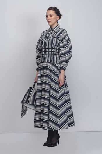 LEH STUDIOS_Black Cotton Collared Dia Stripe Print Dress _Online_at_Aza_Fashions