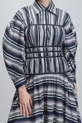 LEH STUDIOS_Black Cotton Collared Dia Stripe Print Dress _at_Aza_Fashions