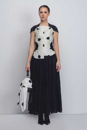 Buy_Leh Studios_Black Chanderi High Neck Zellus Printed Dress _at_Aza_Fashions