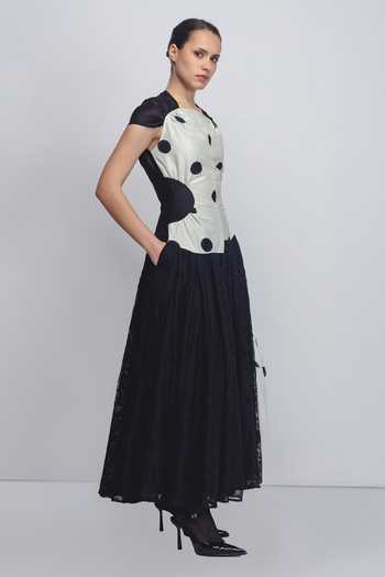 Leh Studios_Black Chanderi High Neck Zellus Printed Dress _Online_at_Aza_Fashions