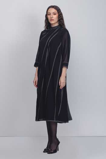 Leh Studios_Black Viscose, Polyester Mandarin Collar Ascent Pleated Dress _Online_at_Aza_Fashions