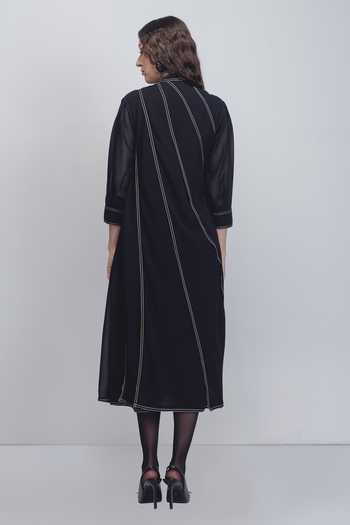Shop_Leh Studios_Black Viscose, Polyester Mandarin Collar Ascent Pleated Dress _at_Aza_Fashions