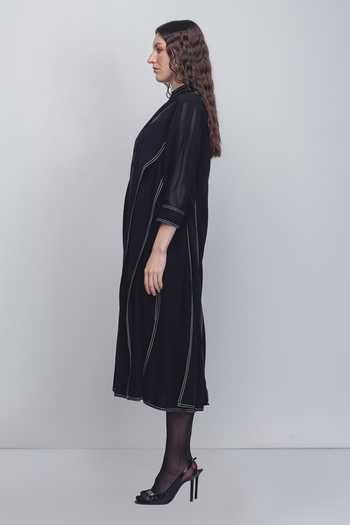 Buy_Leh Studios_Black Viscose, Polyester Mandarin Collar Ascent Pleated Dress _Online_at_Aza_Fashions