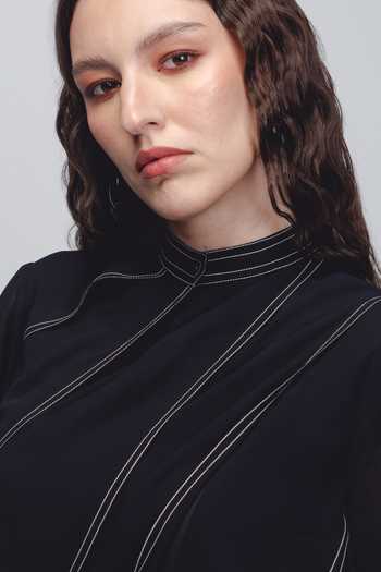 Buy_Leh Studios_Black Viscose, Polyester Mandarin Collar Ascent Pleated Dress 