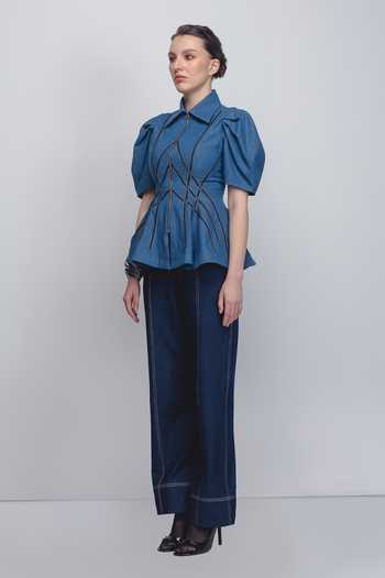 Buy_Leh Studios_Blue Cotton Collared Spirale Denim Top _Online_at_Aza_Fashions