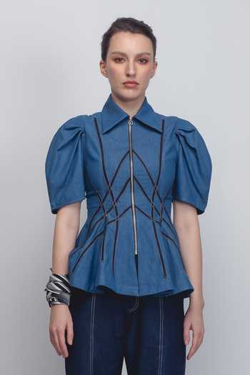 Buy_Leh Studios_Blue Cotton Collared Spirale Denim Top _at_Aza_Fashions