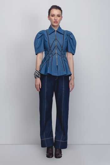 Shop_Leh Studios_Blue Cotton Collared Spirale Denim Top _Online_at_Aza_Fashions
