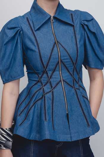 Leh Studios_Blue Cotton Collared Spirale Denim Top _at_Aza_Fashions