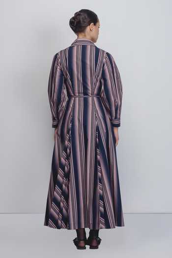 Shop_Leh Studios_Pink Cotton V-neck, Collared Isla Stripe Print Dress _at_Aza_Fashions