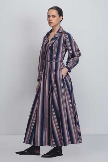 Leh Studios_Pink Cotton V-neck, Collared Isla Stripe Print Dress _Online_at_Aza_Fashions
