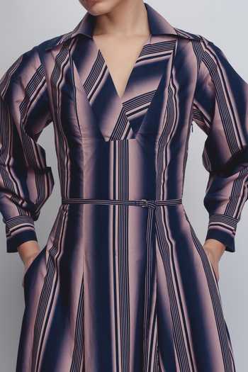 Buy_Leh Studios_Pink Cotton V-neck, Collared Isla Stripe Print Dress _Online_at_Aza_Fashions