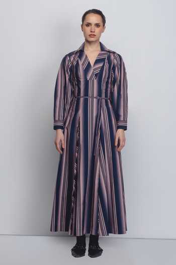 Buy_Leh Studios_Pink Cotton V-neck, Collared Isla Stripe Print Dress _at_Aza_Fashions