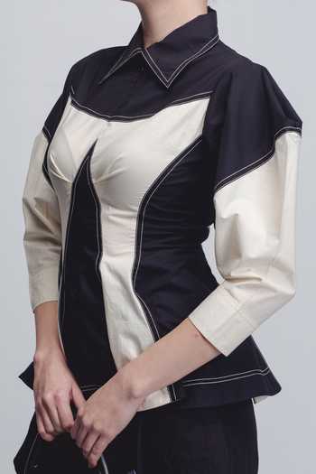 Leh Studios_Black Cotton Collared Kadar Top _Online_at_Aza_Fashions