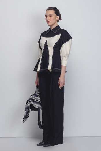 Leh Studios_Black Cotton Collared Kadar Top _at_Aza_Fashions