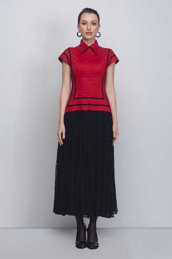 Buy_Leh Studios_Black Cotton Collared Blare Color Block Dress _at_Aza_Fashions